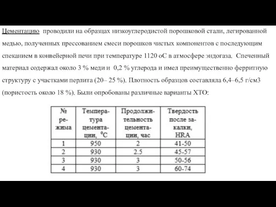 Цементацию проводили на образцах низкоуглеродистой порошковой стали, легированной медью, полученных