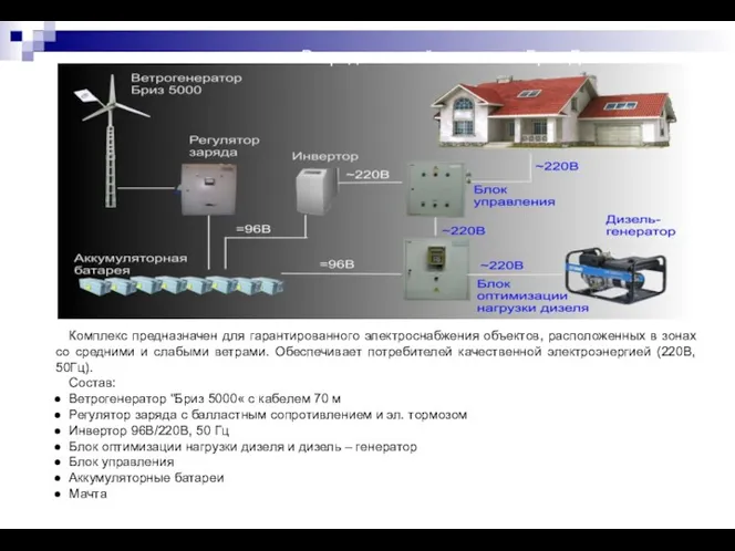 Комплекс предназначен для гарантированного электроснабжения объектов, расположенных в зонах со