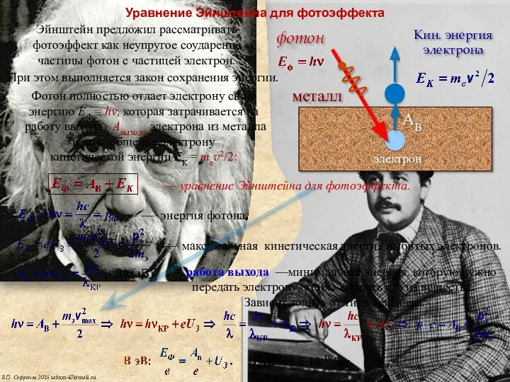 металл Эйнштейн предложил рассматривать фотоэффект как неупругое соударение частицы фотон
