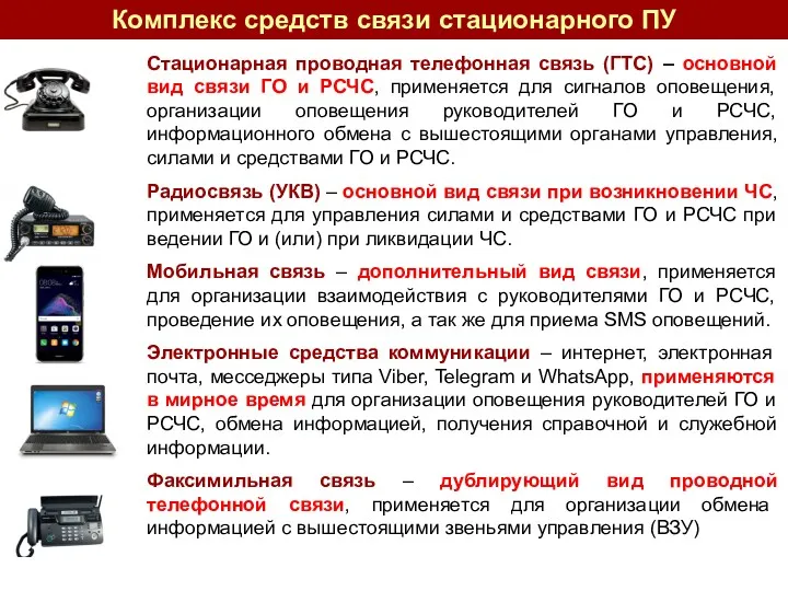 Комплекс средств связи стационарного ПУ Стационарная проводная телефонная связь (ГТС)