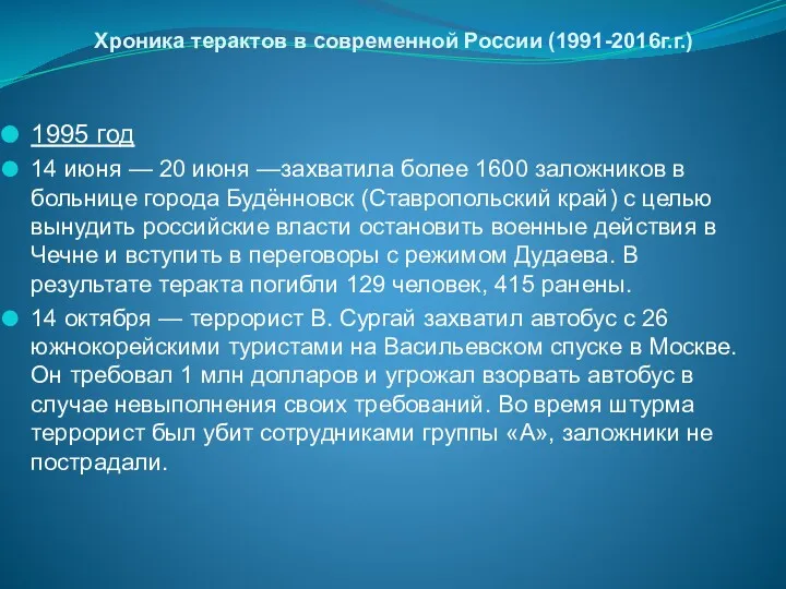 Хроника терактов в современной России (1991-2016г.г.) 1995 год 14 июня