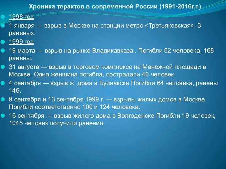 Хроника терактов в современной России (1991-2016г.г.) 1998 год 1 января