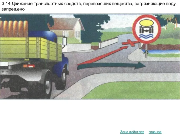 главная Зона действия 3.14 Движение транспортных средств, перевозящих вещества, загрязняющие воду, запрещено