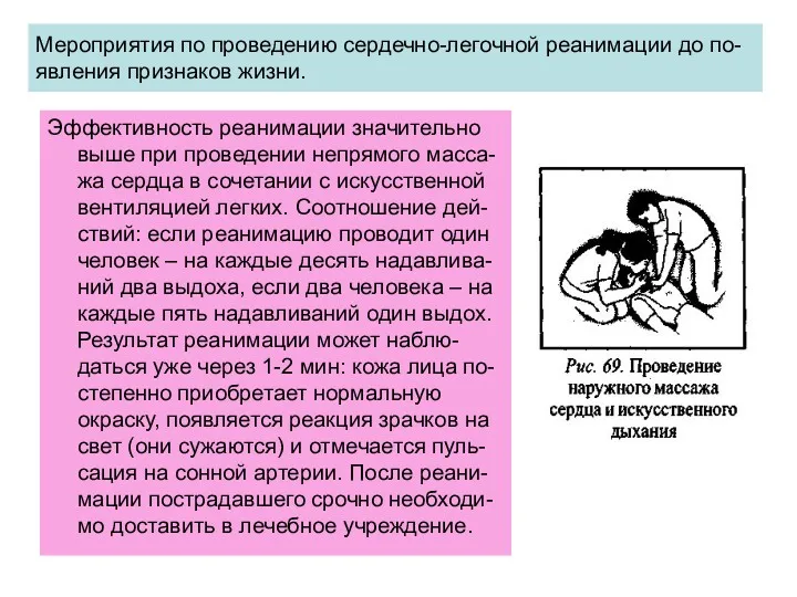 Мероприятия по проведению сердечно-легочной реанимации до по-явления признаков жизни. Эффективность