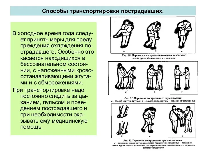 Способы транспортировки пострадавших. В холодное время года следу-ет принять меры