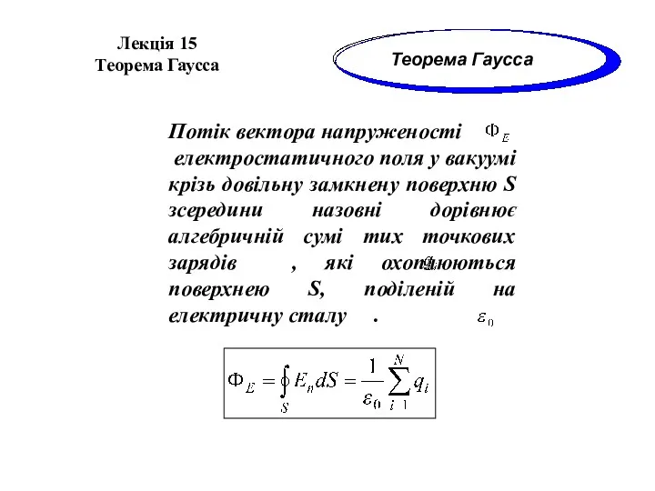 Лекція 15 Теорема Гаусса Теорема Гаусса Потік вектора напруженості електростатичного