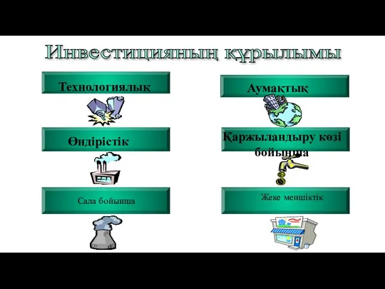 Инвестицияның құрылымы Технологиялық Өндірістік Сала бойынша Қаржыландыру көзі бойынша Жеке меншіктік Аумақтық