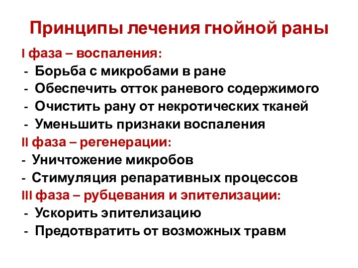 Принципы лечения гнойной раны I фаза – воспаления: Борьба с