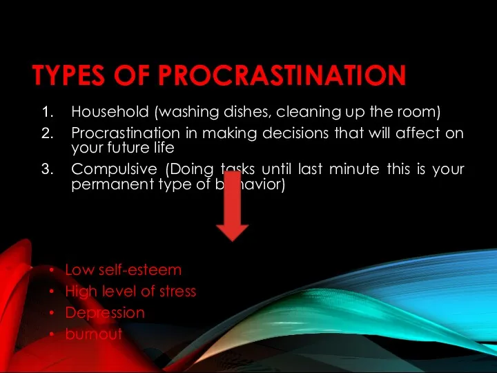TYPES OF PROCRASTINATION Household (washing dishes, cleaning up the room) Procrastination in making