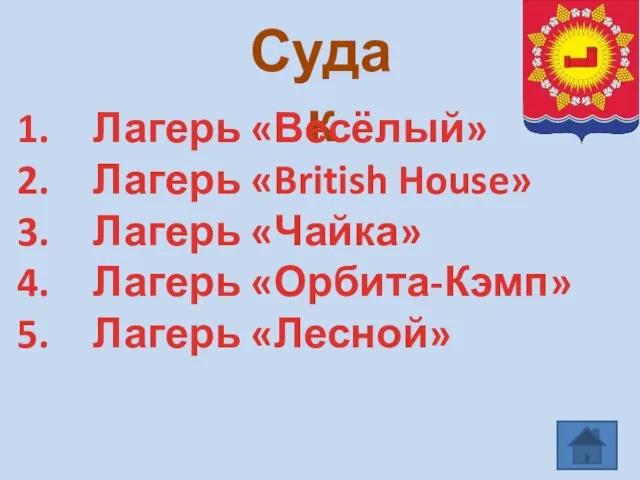 Судак Лагерь «Весёлый» Лагерь «British House» Лагерь «Чайка» Лагерь «Орбита-Кэмп» Лагерь «Лесной»