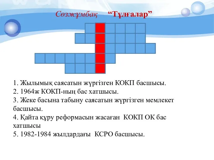 Сөзжұмбақ “Тұлғалар” 1. Жылымық саясатын жүргізген КОКП басшысы. 2. 1964ж