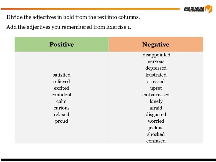 Divide the adjectives in bold from the text into columns. Add the adjectives