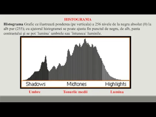 HISTOGRAMA Histograma Grafic ce ilustrează ponderea (pe verticala) a 256