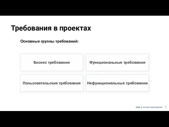 Требования в проектах Основные группы требований: