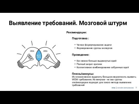 Выявление требований. Мозговой штурм Подготовка : Четкое формулирование задачи Формирование