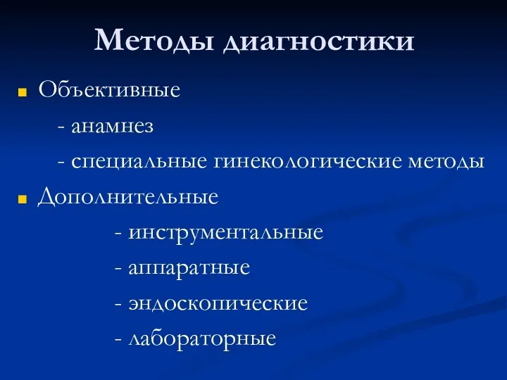 Методы диагностики Объективные - анамнез - специальные гинекологические методы Дополнительные