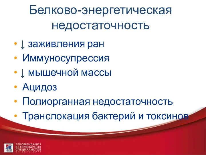 Белково-энергетическая недостаточность ↓ заживления ран Иммуносупрессия ↓ мышечной массы Ацидоз Полиорганная недостаточность Транслокация бактерий и токсинов