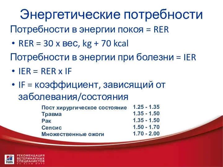 Энергетические потребности Потребности в энергии покоя = RER RER =