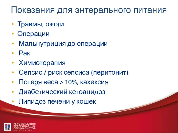 Показания для энтерального питания Травмы, ожоги Операции Мальнутриция до операции