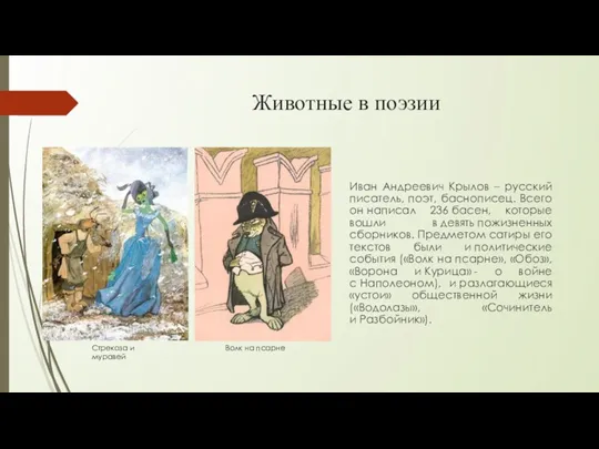 Животные в поэзии Иван Андреевич Крылов – русский писатель, поэт, баснописец. Всего он
