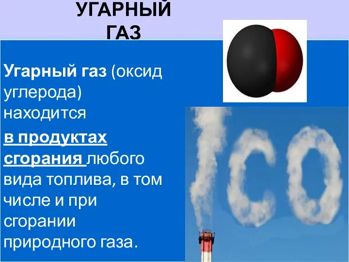 УГАРНЫЙ ГАЗ Угарный газ (оксид углерода) находится в продуктах сгорания