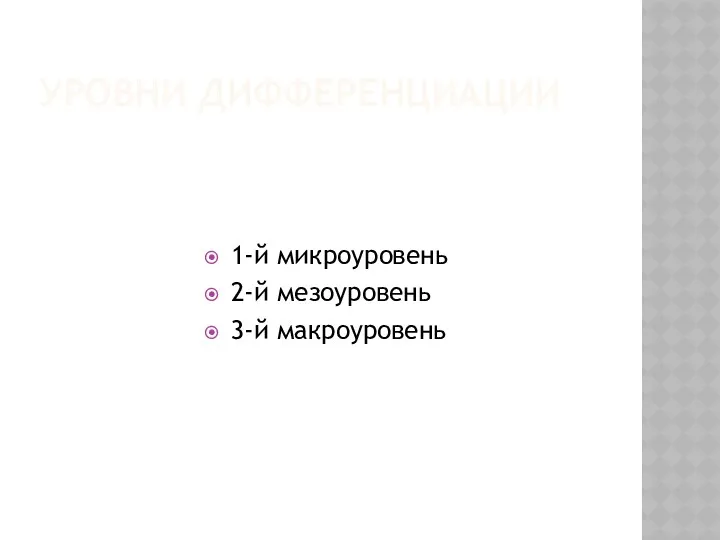 УРОВНИ ДИФФЕРЕНЦИАЦИИ 1-й микроуровень 2-й мезоуровень 3-й макроуровень