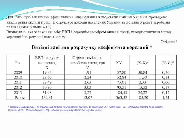 Для того, щоб визначити ефективність інвестування в людський капітал України, проведемо аналіз рівня