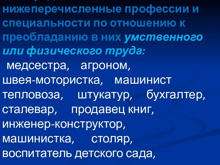 Распределите все нижеперечисленные профессии и специальности по отношению к преобладанию