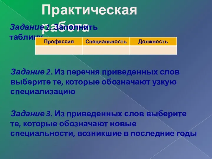 Практическая работа Задание 1. Заполнить таблицу Задание 2. Из перечня