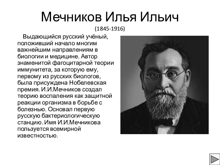 Мечников Илья Ильич (1845-1916) Выдающийся русский учёный, положивший начало многим