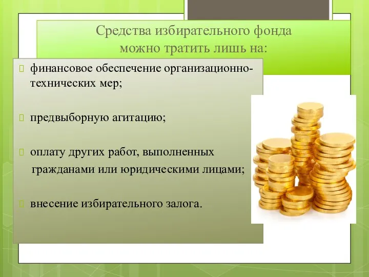 Средства избирательного фонда можно тратить лишь на: финансовое обеспечение организационно-технических