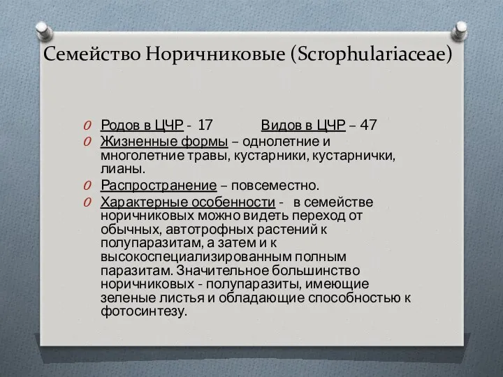 Семейство Норичниковые (Scrophulariaceae) Родов в ЦЧР - 17 Видов в