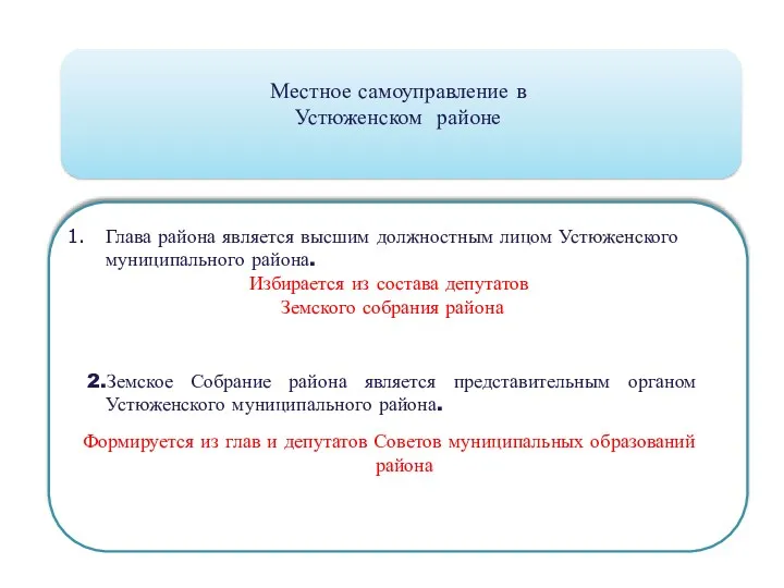 Местное самоуправление в Устюженском районе Глава района является высшим должностным