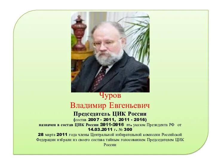 Чуров Владимир Евгеньевич Председатель ЦИК России (состав 2007 - 2011,