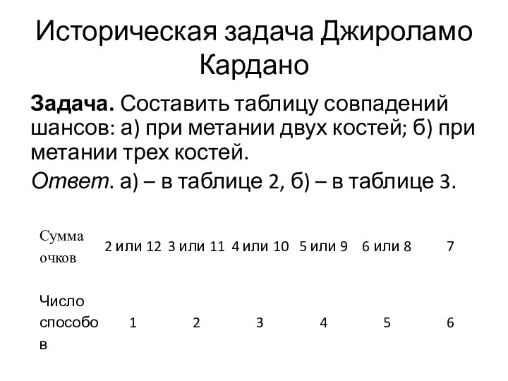 Историческая задача Джироламо Кардано Задача. Составить таблицу совпадений шансов: а)