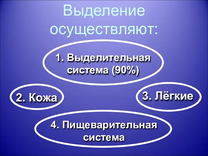 Выделение осуществляют: 1. Выделительная система (90%) 3. Лёгкие 2. Кожа 4. Пищеварительная система