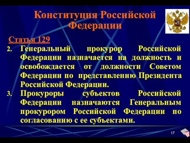 Конституция Российской Федерации Статья 129 Генеральный прокурор Российской Федерации назначается на должность и