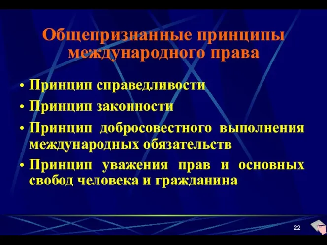 Общепризнанные принципы международного права Принцип справедливости Принцип законности Принцип добросовестного