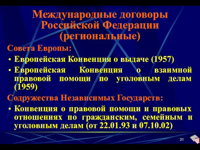 Международные договоры Российской Федерации (региональные) Совета Европы: Европейская Конвенция о выдаче (1957) Европейская