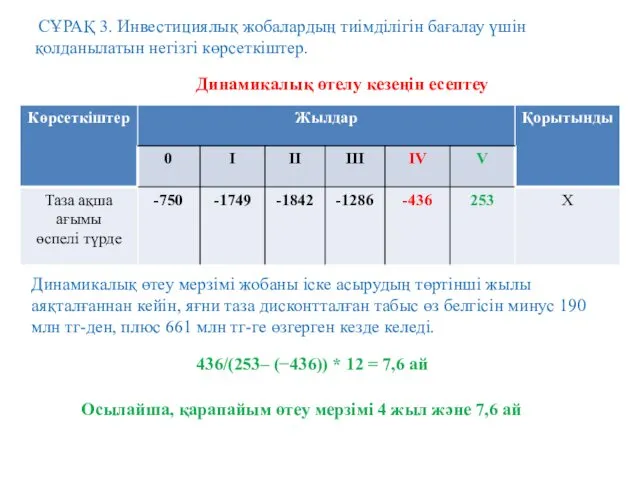 СҰРАҚ 3. Инвестициялық жобалардың тиімділігін бағалау үшін қолданылатын негізгі көрсеткіштер.