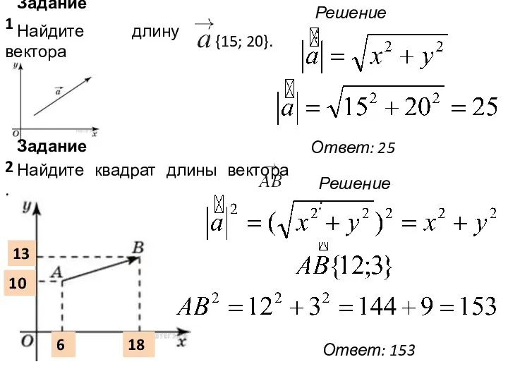 Задание 1 Найдите длину вектора {15; 20}. Задание 2 Найдите