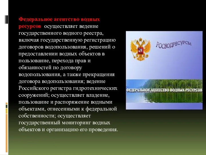 Федеральное агентство водных ресурсов осуществляет ведение государственного водного реестра, включая