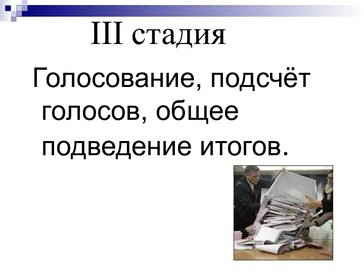 Голосование, подсчёт голосов, общее подведение итогов. III стадия