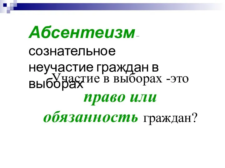 Абсентеизм – сознательное неучастие граждан в выборах Участие в выборах -это право или обязанность граждан?