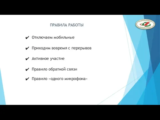 Отключаем мобильные Приходим вовремя с перерывов Активное участие Правило обратной связи Правило «одного микрофона» ПРАВИЛА РАБОТЫ