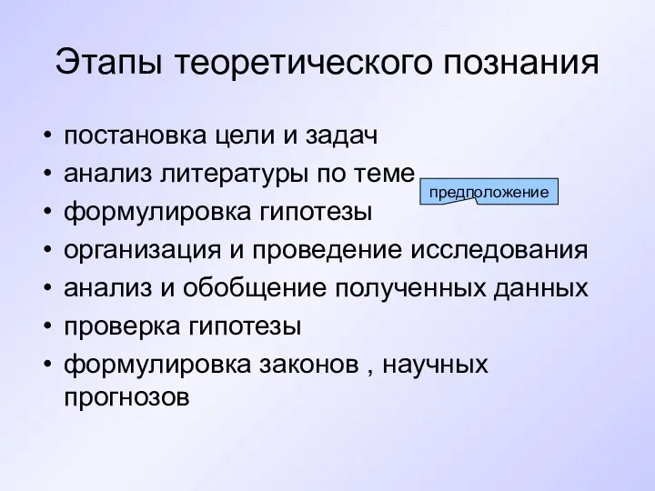 Этапы теоретического познания постановка цели и задач анализ литературы по