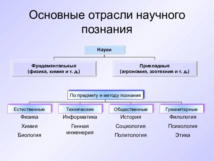 Основные отрасли научного познания Физика Химия Биология Информатика Генная инженерия История Социология Политология Филология Психология Этика