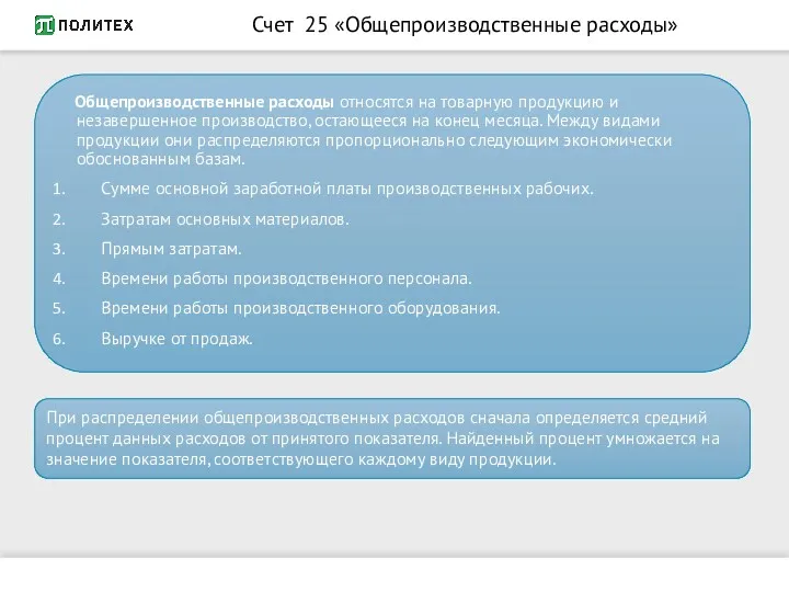 Счет 25 «Общепроизводственные расходы» Общепроизводственные расходы относятся на товарную продукцию