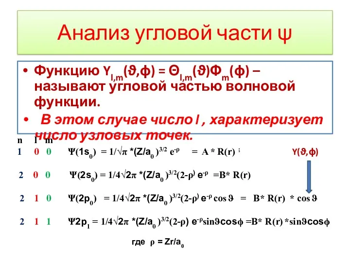 Анализ угловой части ψ Функцию Yl,m(ϑ,ϕ) = Θl,m(ϑ)Φm(ϕ) – называют