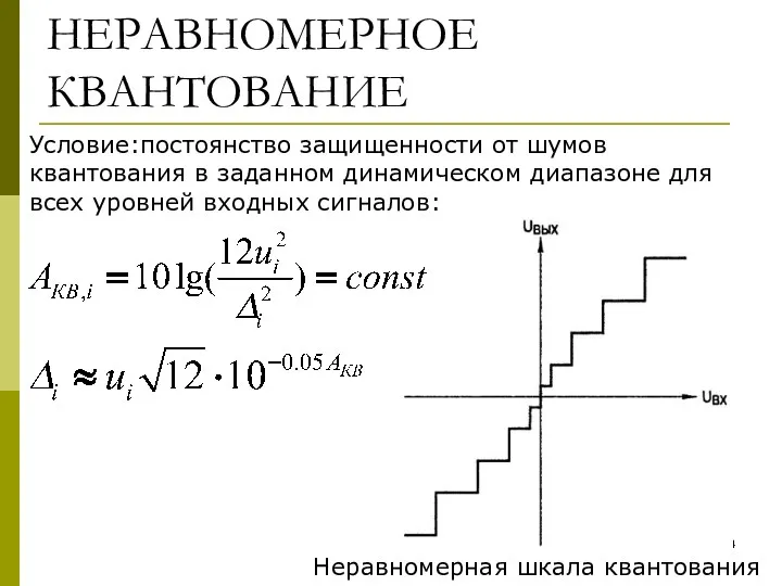 НЕРАВНОМЕРНОЕ КВАНТОВАНИЕ Условие:постоянство защищенности от шумов квантования в заданном динамическом